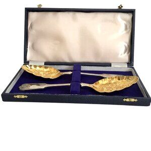 VTG EPNS A1 Sheffield England Gold-Plated Berry Serving Spoons Set Original Case